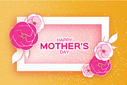 Happy Mother's Day Greeting card. Pink Pastel Paper cut Flower. Rectangle Frame. Space for text.