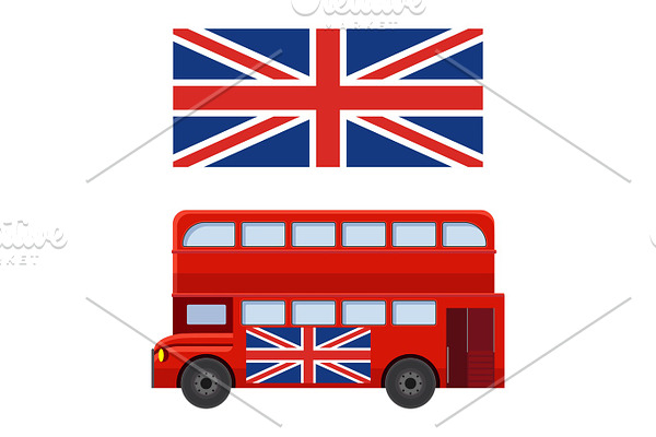 Double decker bus with flag of Great Britain vector illustration