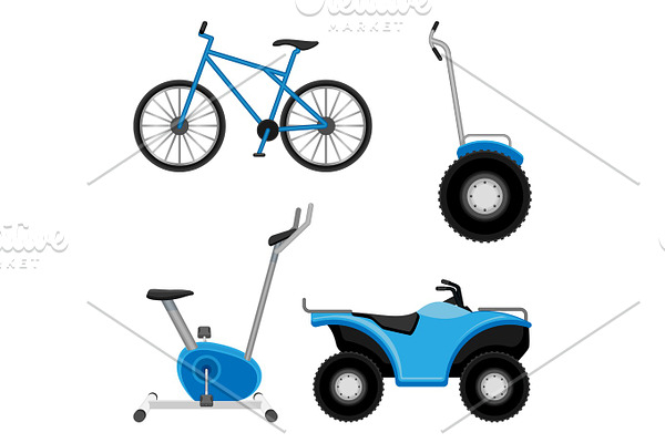 Exercise bike and bicycle, all-terrain vehicle, two wheeled segway isolated