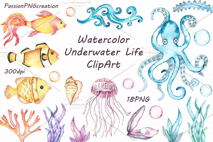 Watercolor Underwater Life Clipart in Illustrations - product preview 8