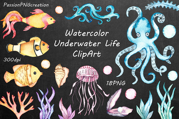 Watercolor Underwater Life Clipart in Illustrations - product preview 2