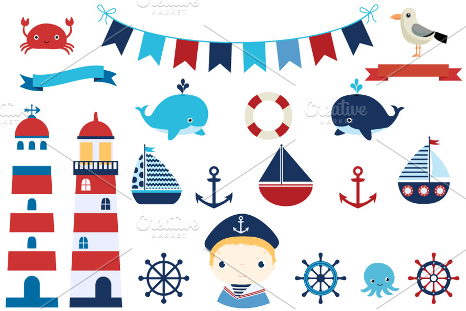 Nautical set with Lighthouse clipart