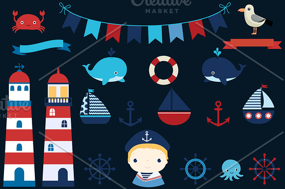 Nautical set with Lighthouse clipart in Illustrations - product preview 1