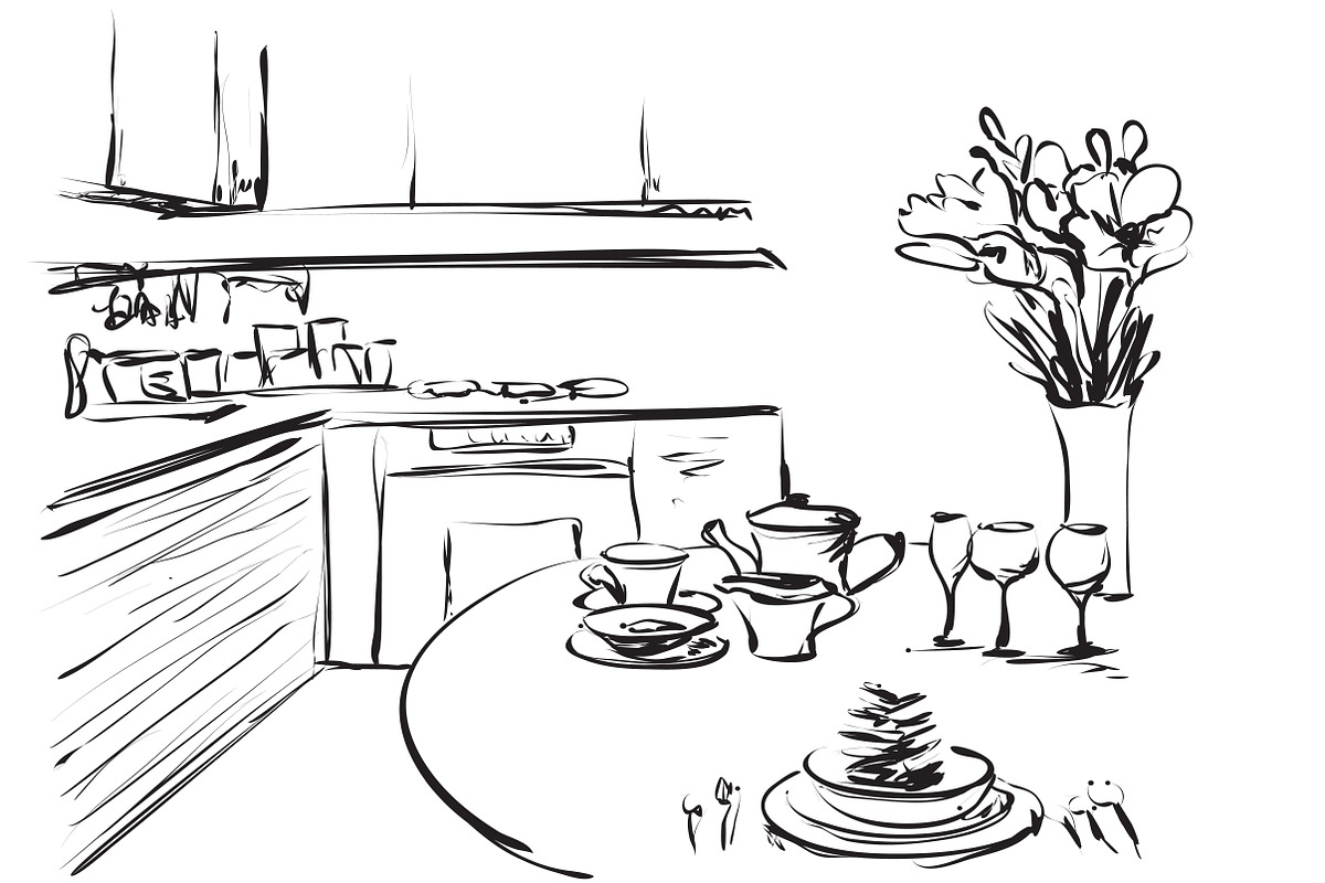 Kitchen interior. Sketching in Illustrations - product preview 8