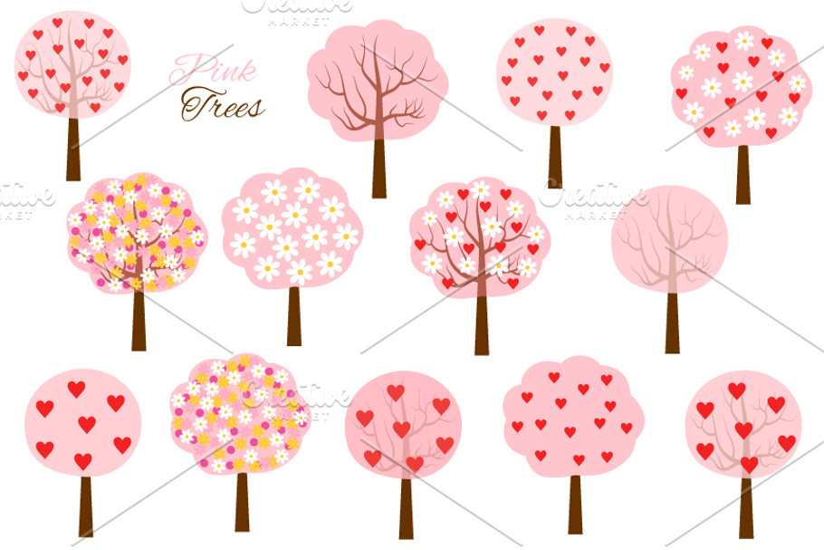 Pink heart and flower tree clipart 