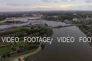 Aerial scene of town and river in Netherlands