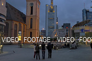 St. Catherine Church, subway entrance and skyscrapers in night Frankfurt