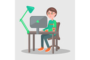 Cartoon Man Sits at Table with Laptop Illustration