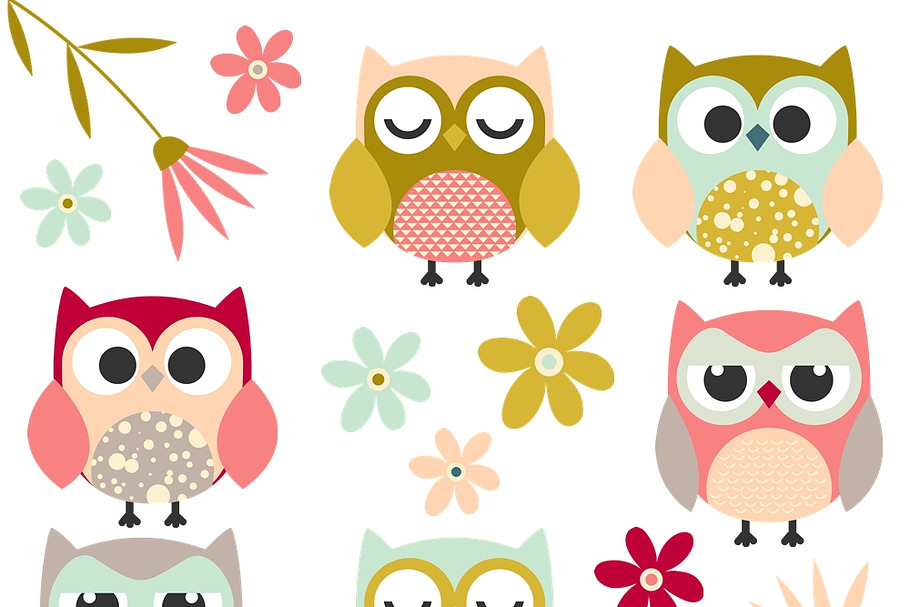 Cute Owl & Flower Clipart Set in Illustrations - product preview 8