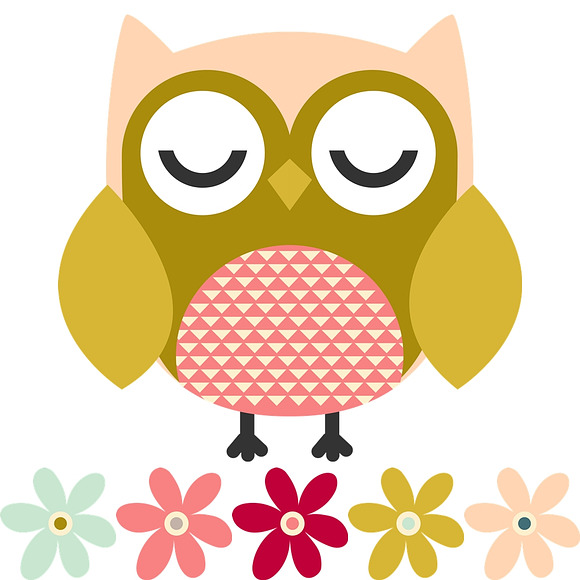 Cute Owl & Flower Clipart Set in Illustrations - product preview 1