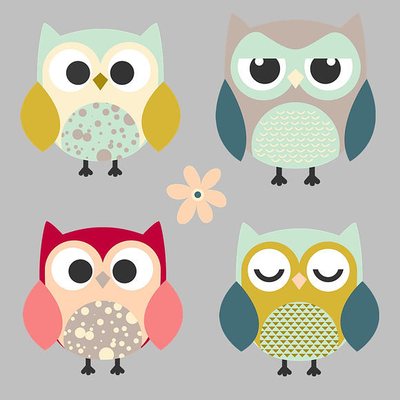 Cute Owl & Flower Clipart Set in Illustrations - product preview 2