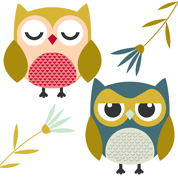 Cute Owl & Flower Clipart Set in Illustrations - product preview 3