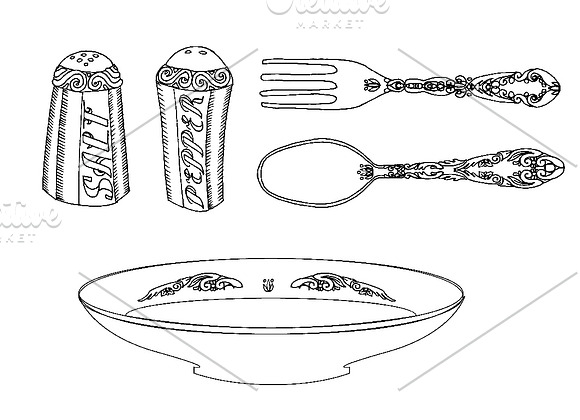 Plate with cutlery, salt and pepper in Illustrations - product preview 1