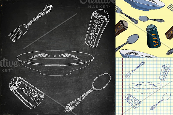 Plate with cutlery, salt and pepper in Illustrations - product preview 2