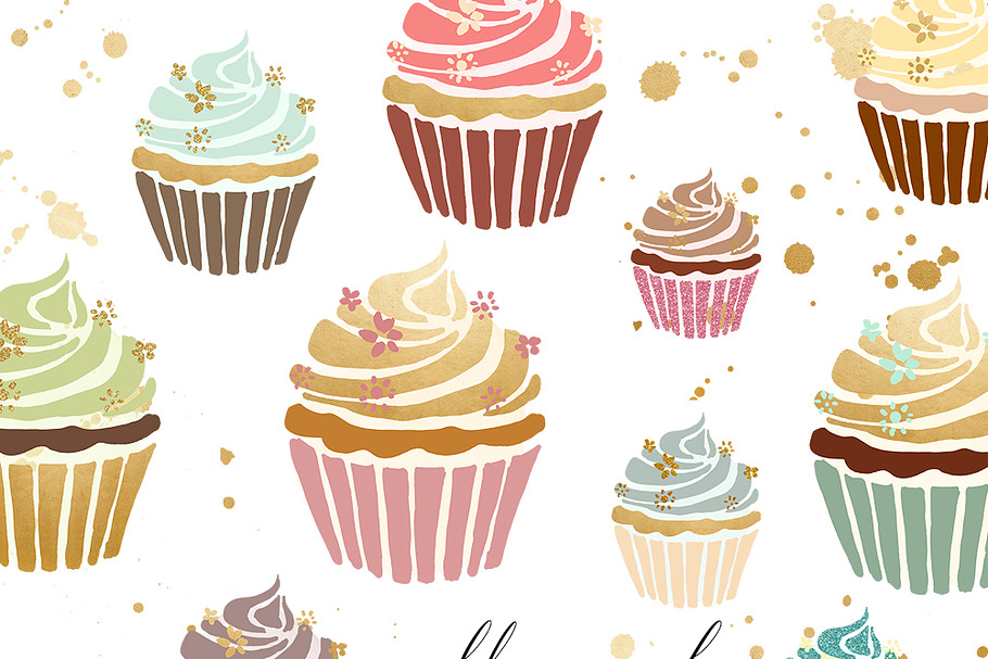 Cupcake Clipart In Gold & Pastel