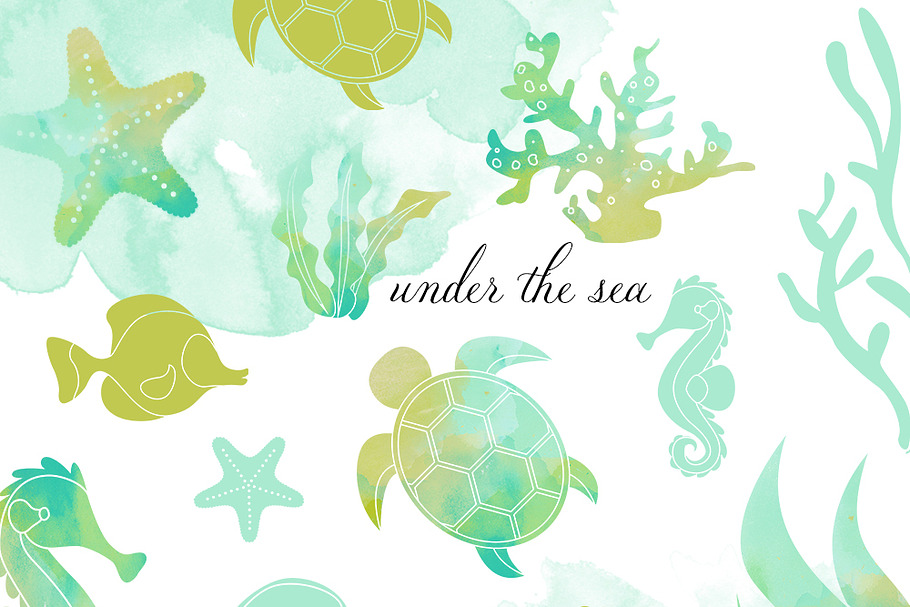 Sea Life Clipart Set In Watercolor