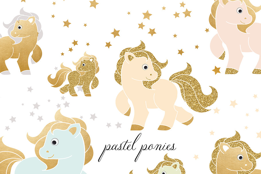 Pastel & Golden Ponies Clipart Set