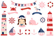 Cute pink girl nautical clipart set