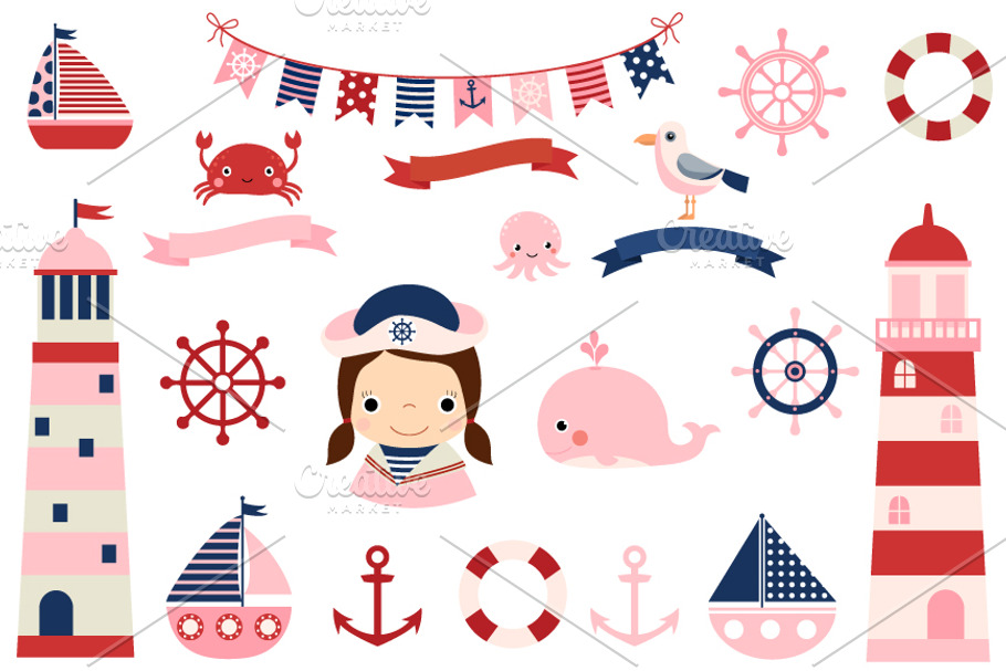 Cute pink girl nautical clipart set in Illustrations - product preview 8