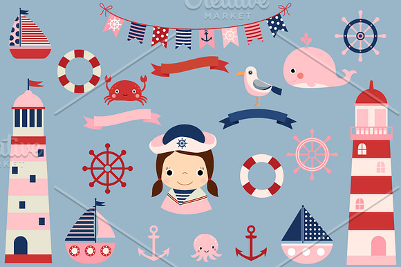 Cute pink girl nautical clipart set in Illustrations - product preview 1