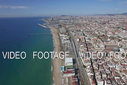 Aerial view of beach, sea, railways and hotels, Barcelona, Spain