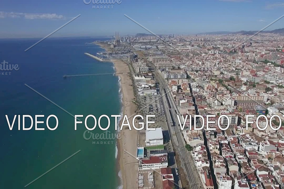Aerial view of beach, sea, railways and hotels, Barcelona, Spain in Graphics - product preview 8