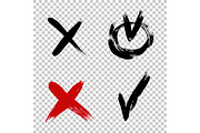 Vector brush stroke ticks. Check mark and x sign. Yes no graphic symbols. Voting for and against concept. Grunge cross. Brush strokes distressed texture.