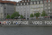 View from boat moving on the Vltava river along Resident Hotel Standard and embankment, Prague, Czech Republic