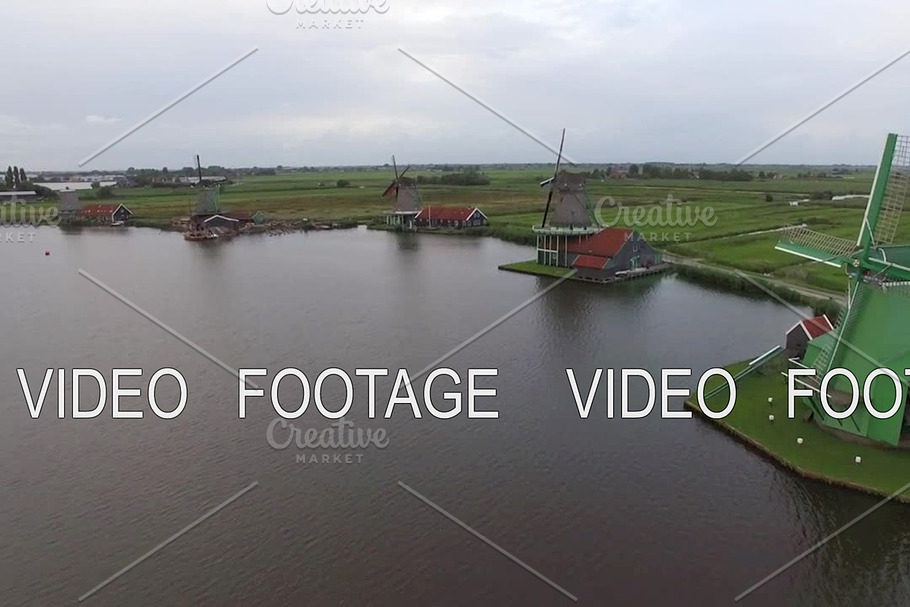 Aerial rural scene with windmills in Netherlands