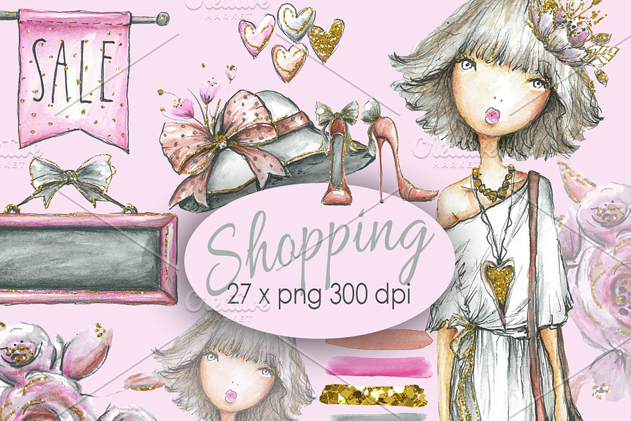 Shopping Girl Clip art Watercolor