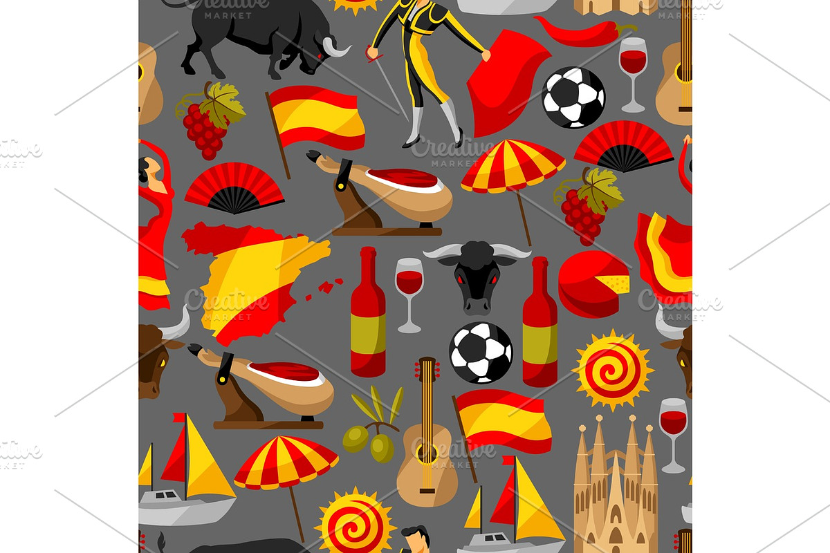 Spain seamless pattern. Spanish traditional symbols and objects in Patterns - product preview 8