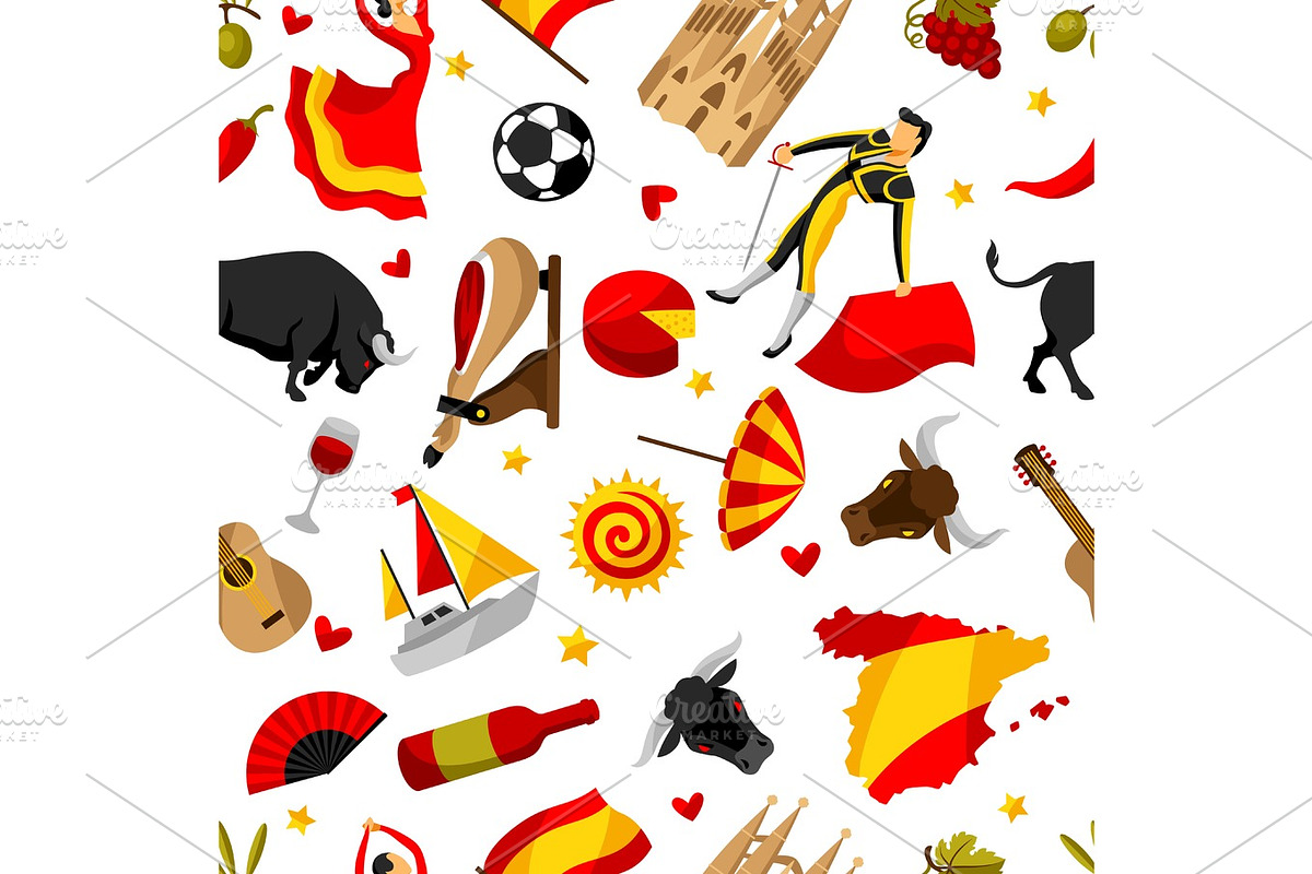 Spain seamless pattern. Spanish traditional symbols and objects in Patterns - product preview 8