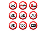 Road signs collection isolated on white background. Road traffic control.Lane usage.Stop and yield. Regulatory signs. Speed limit.