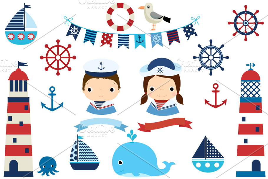 Nautical clipart - boat, lighthouse