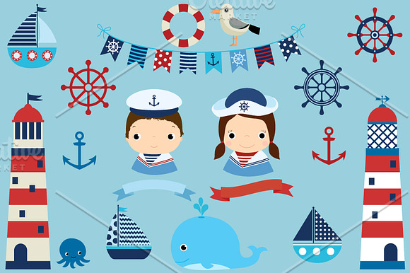 Nautical clipart - boat, lighthouse in Illustrations - product preview 1
