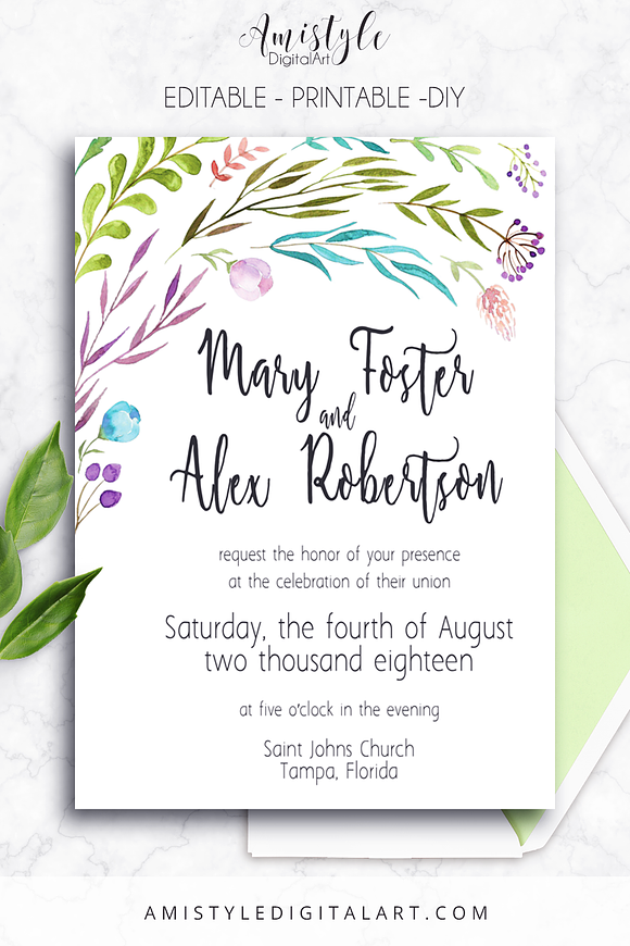Wedding Invitation Template - Leaves in Wedding Templates - product preview 3