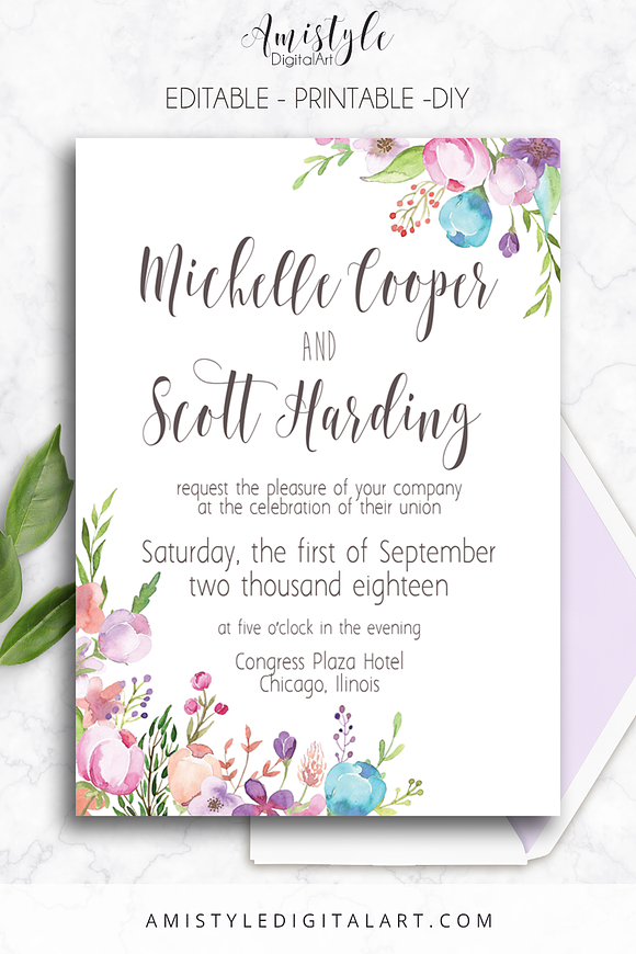 Wedding Invitation Template - Floral in Wedding Templates - product preview 4