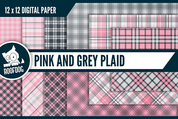 Pink and gray plaid digital paper