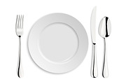 Plate with spoon, knife and fork.