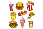 Fast food lunch takeaway dishes isolated sketch