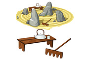 Japanese zen garden stones and utensils