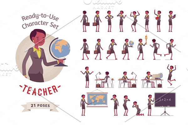 Ready-to-use female teacher character set, different poses and emotions