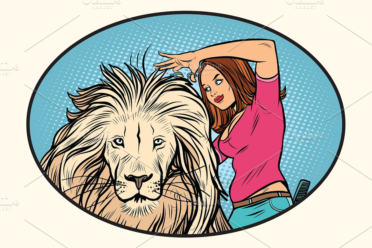 Female stylist hairdresser cuts the mane of a lion in Illustrations - product preview 8