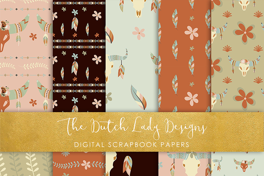 Boho Skull & Feather Pattern Papers
