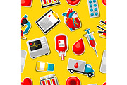 Seamless pattern with blood donation items. Medical and health care sticker objects