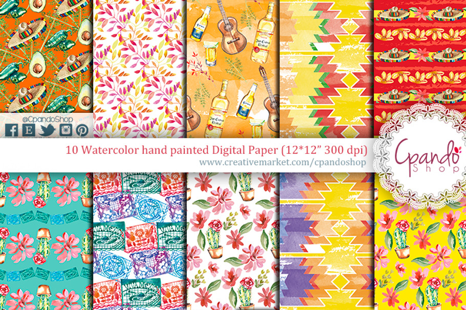 Fiesta Watercolor digital paper in Patterns - product preview 8