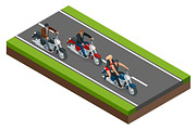 Isometric bikers on a motorcycle on the road. The concept of freedom and travel.