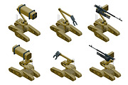 Set of a Military robots of khaki color on white background. Isolated isometric vector illustration