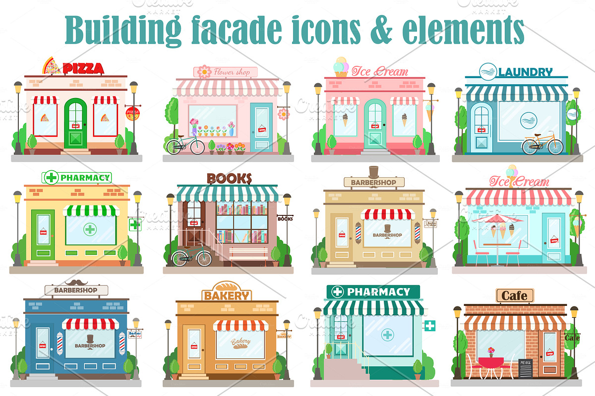 Vector building facade icons in Graphics - product preview 8