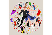 Happy Salsa dancers couple isolated on white icon pictogram, man and woman in dress dancing  with passion